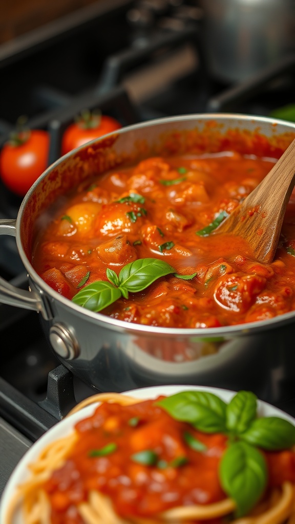 A pot of rich spaghetti sauce made with tomatoes and herbs, ready to serve over pasta.